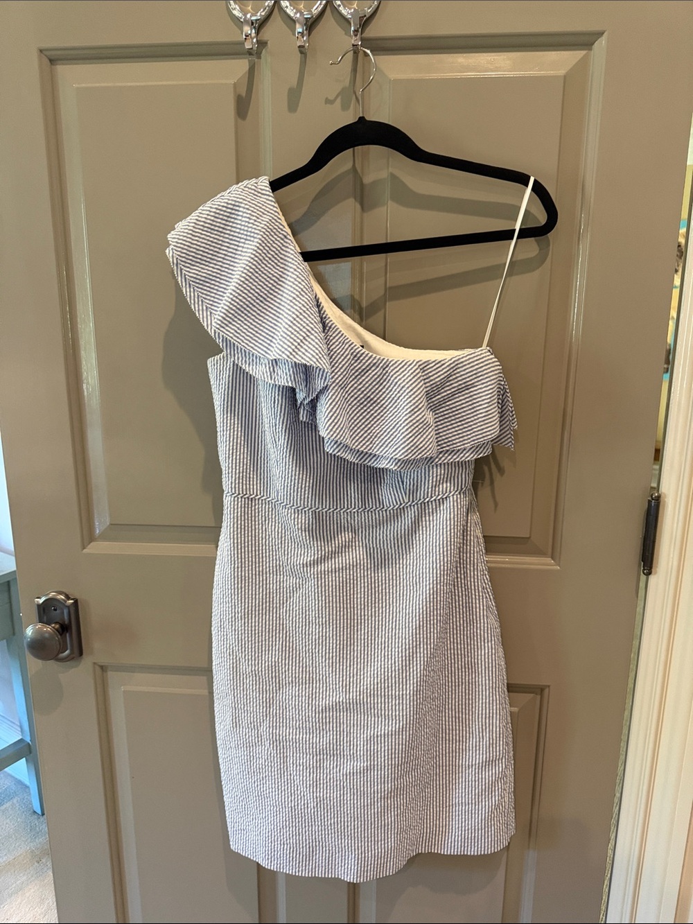 J. Crew Blue and White One-Shoulder Ruffle Stripe Dress